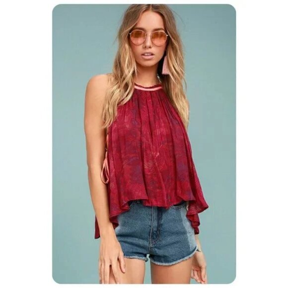Free People Red Season In The Sun Halter Lace Up Tank Top Size XS - Picture 2 of 10